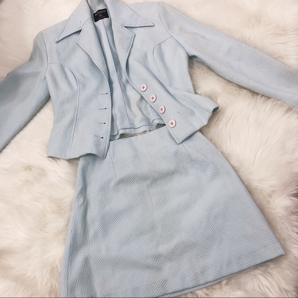 Two-piece baby blue skirt & blazer set